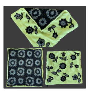 .Kleedje/kussenhoes gehaakte bloemen limoengroen/zwart/herfstgroen