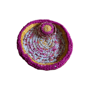 Mand gehaakt geel/roze/ecru met kussentje