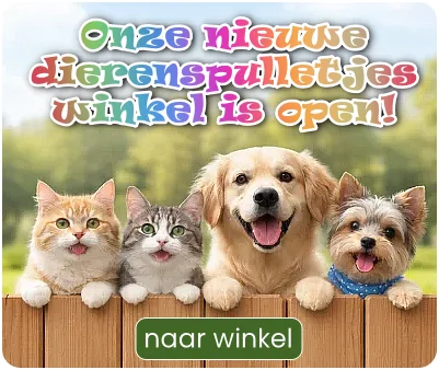 Opening banner for a pet shop: two cats and two dogs over a wooden fence with colorful text announcing the shop is open, plus a green 'naar winkel' button.