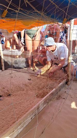 People at a sunny beach under an orange canopy watch a man in a cap shape wet sand inside a wooden frame.