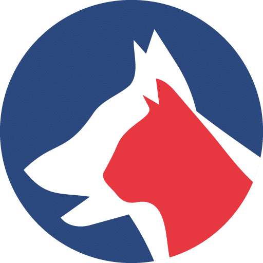 Circular logo featuring overlapping white and red wolf heads on a dark blue background.