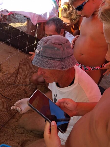 Group of beachgoers gathered around a low fence, watching something in the sand; man in a gray bucket hat sits foreground holding a phone.