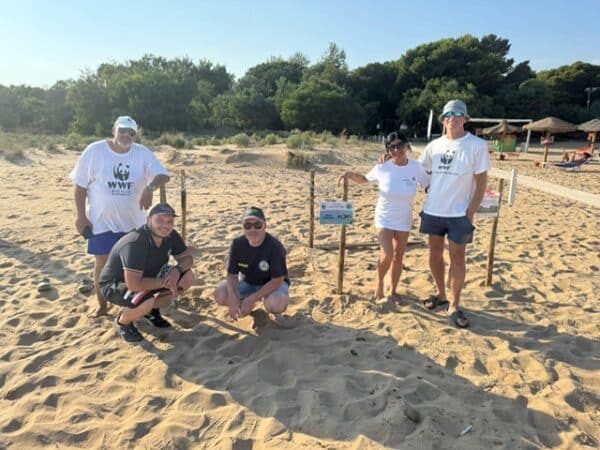 Five volunteers pose on a sunny beach beside a small wooden sign and low fencing, wearing WWF shirts for a beach cleanup event.
