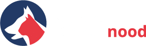 Logo for Stichting Dierennood, an animal welfare foundation, featuring a white dog silhouette inside a blue circle with red accents and the organization’s name.