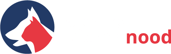 Logo for Stichting Dierennood with a blue circle showing white dog and red cat silhouettes, followed by the organization name in white and red text.