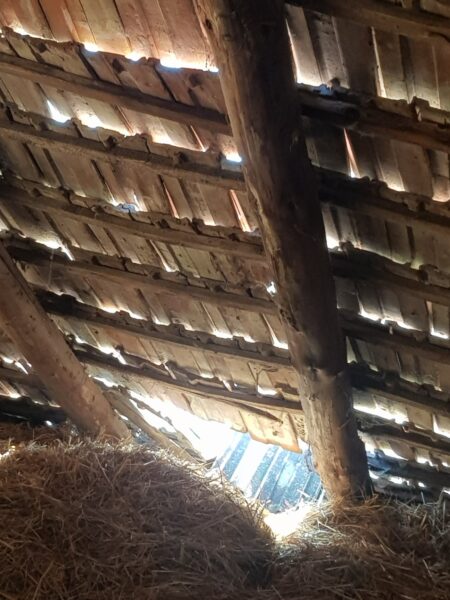 Attic with exposed wooden beams and hay on the floor; sunlight filters through gaps in the roof.