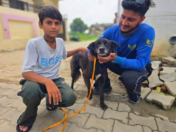 Boy and man kneel with a rescues dog on an orange leash in a paved outdoor area.